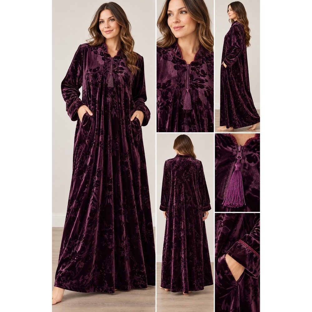 Jasmine Rose XL Purple Burnout Velvet Long Robe Tassel Zip Pockets
